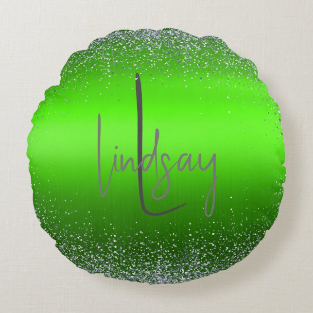 Green Brushed Metal Glitter Monogram Eenvoudig | Rond Kussen (Voorkant)