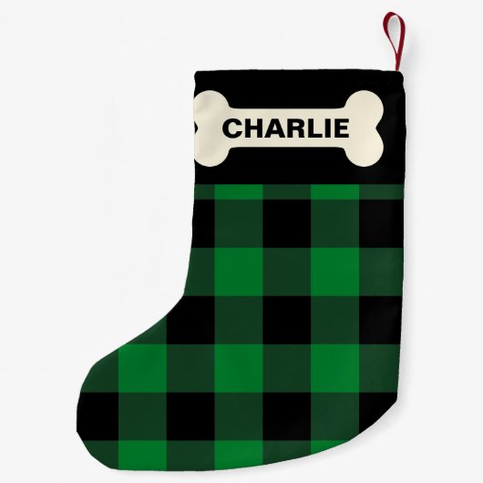 Green Buffalo Check Dog Bone Rustic Custom Name Kleine Kerstsok (Achterkant)