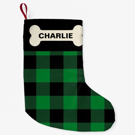 Green Buffalo Check Dog Bone Rustic Custom Name Kleine Kerstsok (Voorkant)
