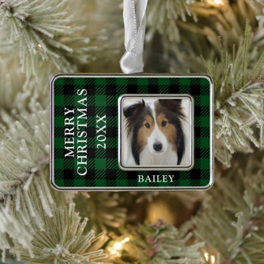 Green Buffalo Check Hondenfoto gepersonaliseerd Verzilverd Omlijst Ornament (Boom)
