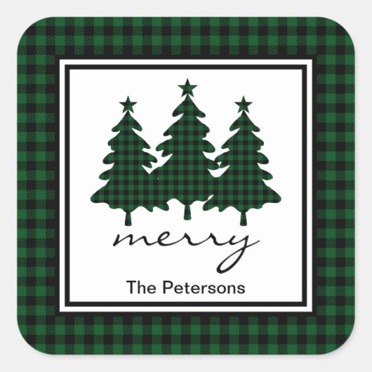 Green Buffalo Check Pine Trees gepersonaliseerd Vierkante Sticker (Voorkant)