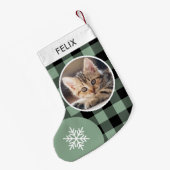 Green Buffalo Plaid Custom Huisdier Kat Foto Kleine Kerstsok (Achterkant (Hangend))