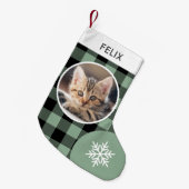 Green Buffalo Plaid Custom Huisdier Kat Foto Kleine Kerstsok (Voorkant (Hangend))