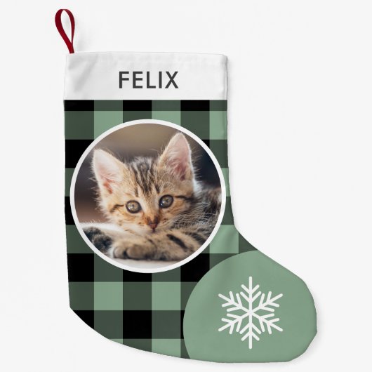 Green Buffalo Plaid Custom Huisdier Kat Foto Kleine Kerstsok (Voorkant)