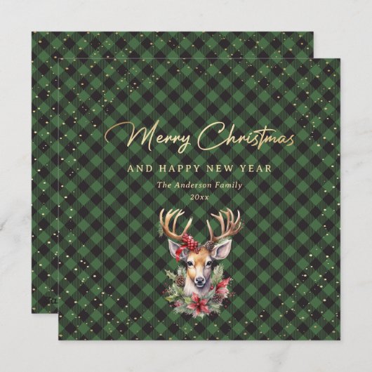 Green Buffalo Plaid Gold Reindeer Snow Feestdagenkaart (Voorkant / Achterkant)