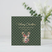 Green Buffalo Plaid Gold Reindeer Snow Feestdagenkaart (Staand voorkant)