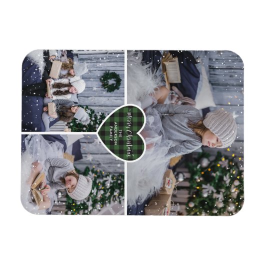 Green Buffalo Plaid Hart Foto Vrolijk Kerstfeest Magneet (Horizontaal)