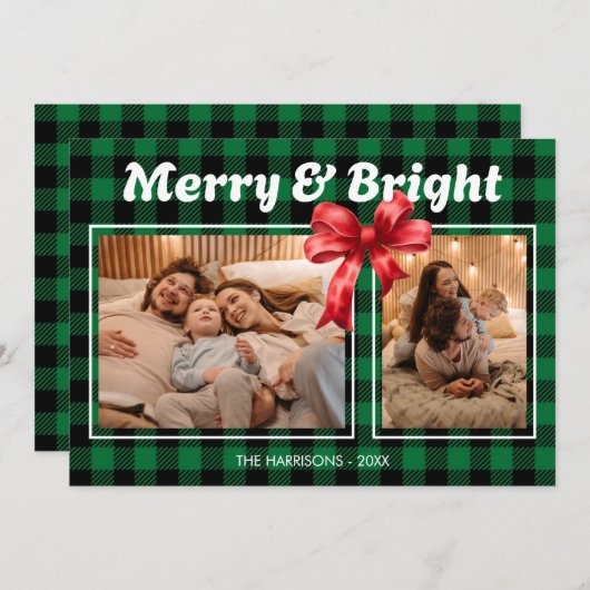 Green Buffalo Plaid lint Twee foto's van Kerstmis Feestdagenkaart (Voorkant / Achterkant)