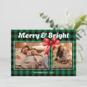 Green Buffalo Plaid lint Twee foto's van Kerstmis Feestdagenkaart (Staand voorkant)