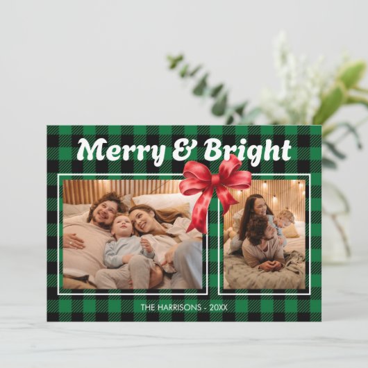 Green Buffalo Plaid lint Twee foto's van Kerstmis Feestdagenkaart (Staand voorkant)