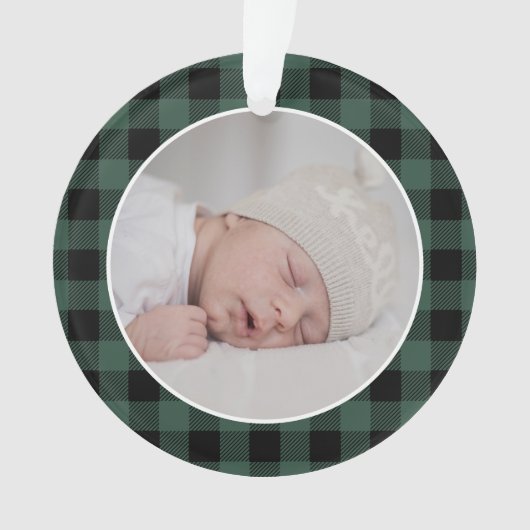 GREEN BUFFALO PLAID NAME Photo Christmas Keepsake Ornament (voorkant)