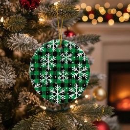 Green Buffalo Plaid Snowflake Keramisch Ornament