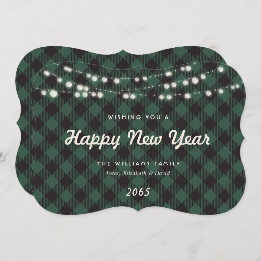 Green Buffalo Plaid String Lights New Year Card Feestdagenkaart (Voorkant / Achterkant)