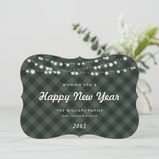 Green Buffalo Plaid String Lights New Year Card Feestdagenkaart (Staand voorkant)