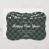 Green Buffalo Plaid String Lights New Year Card Feestdagenkaart (Voorkant)