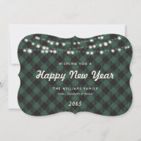 Green Buffalo Plaid String Lights New Year Card