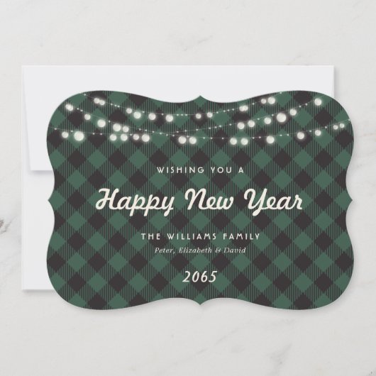 Green Buffalo Plaid String Lights New Year Card Feestdagenkaart (Voorkant)