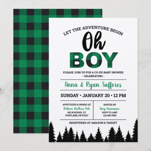 Green Buffalo Pset Baby shower Invitation Oh Boy Kaart (Voorkant / Achterkant)