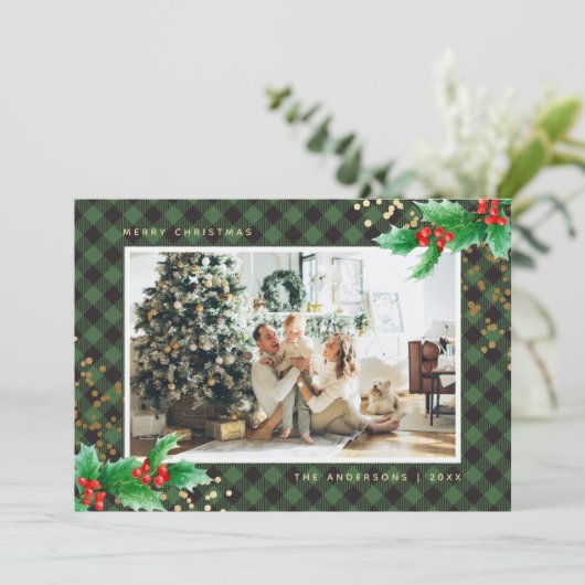 Green Buffalo Pset Holly-fotokerstkaarten Feestdagenkaart (Staand voorkant)