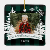 Green Buffalo Pset Rustic Pine Trees Familie Foto Keramisch Ornament (Achterkant)