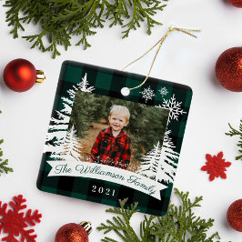 Green Buffalo Pset Rustic Pine Trees Familie Foto Keramisch Ornament