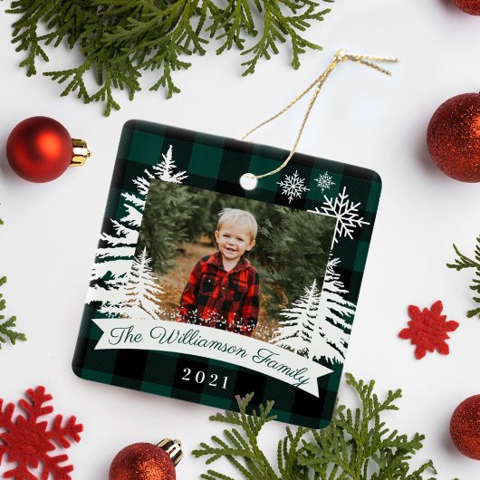 Green Buffalo Pset Rustic Pine Trees Familie Foto Keramisch Ornament