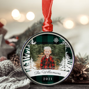 Green Buffalo Pset Rustic Pine Trees Familie Foto Metalen Ornament