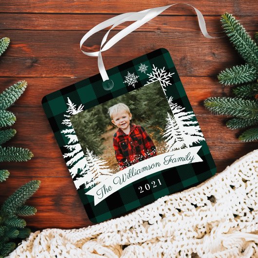 Green Buffalo Pset Rustic Pine Trees Familie Foto Metalen Ornament