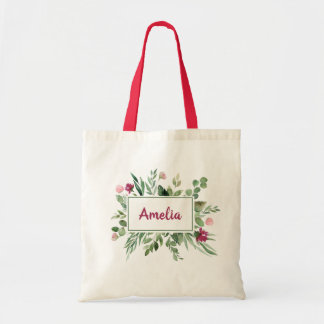 Green Burgundy Floral Leaf Leaves Girly Eco Name Tote Bag