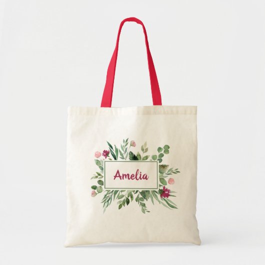 Green Burgundy Floral Leaf Leaves Girly Eco Name Tote Bag (Voorkant)