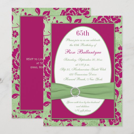 Green Burgundy Ivory Floral 65th Birthday Invite Kaart (Voorkant / Achterkant)