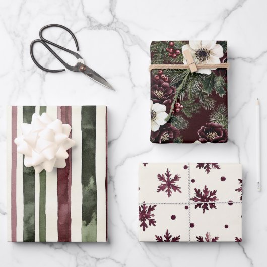 Green Burgundy Red Stripes Floral Christmas Inpakpapier Vel (Voorkant)