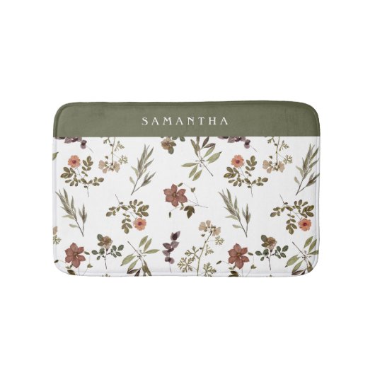 Green Burgundy Wildflower Monogram Name Badmat (Voorkant)