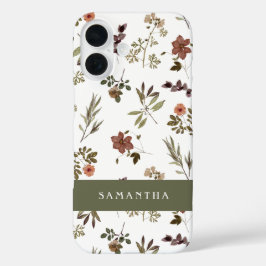 Green Burgundy Wildflower Monogram Name iPhone 16 Hoesje
