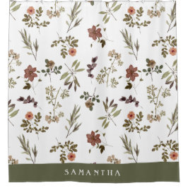 Green Burgundy Wildflower Monogram Name Douchegordijn