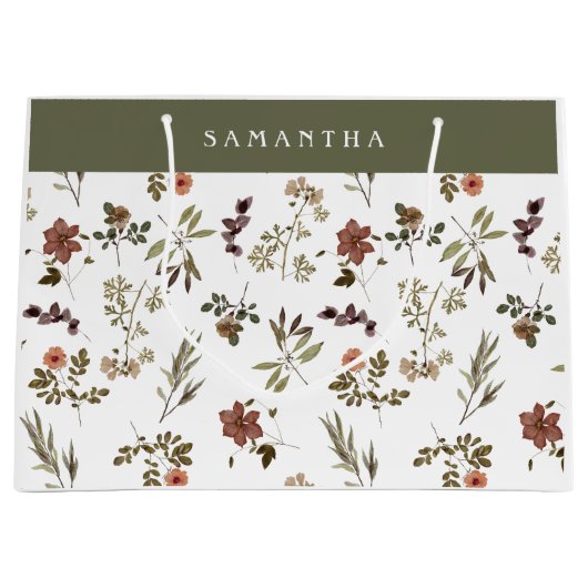 Green Burgundy Wildflower Monogram Name Groot Cadeauzakje (Voorkant)