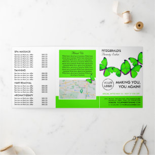 Green Butterflies, Beauty Salon Tri-Fold Flyer Drieluik Uitnodiging
