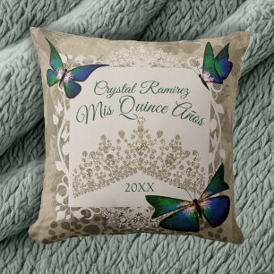Green Butterflies, Gold Tiara Quinceanera Pillow Kussen