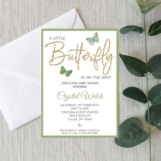Green Butterfly en Glitter Baby shower Invitation Kaart