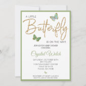 Green Butterfly en Glitter Baby shower Invitation Kaart (Voorkant)