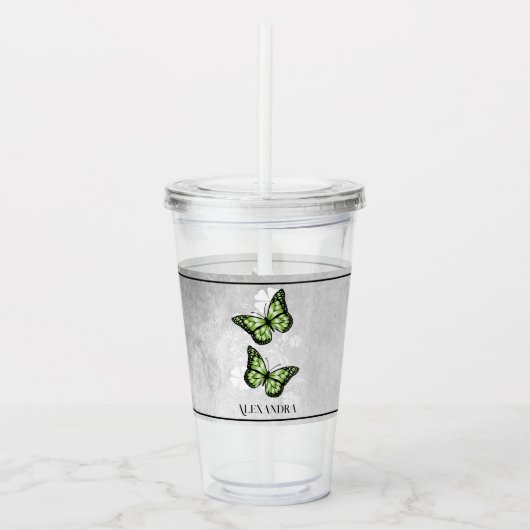 Green Butterfly Floral Personalized Acryl Drinkbeker (Voorkant)