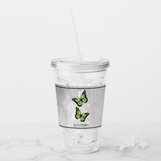 Green Butterfly Floral Personalized Acryl Drinkbeker (Voorkant ijs)