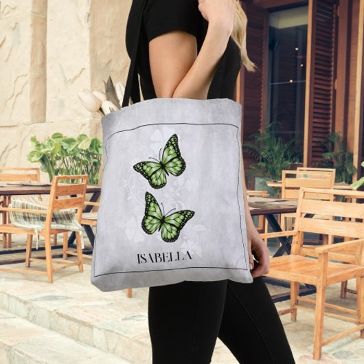 Green Butterfly Floral Personalized Canvas tas