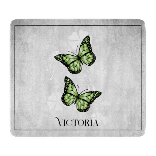 Green Butterfly Floral Personalized Cutting Board Snijplank (Voorkant)