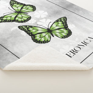 Green Butterfly Floral Personalized Sherpa Blanket Sherpa Deken