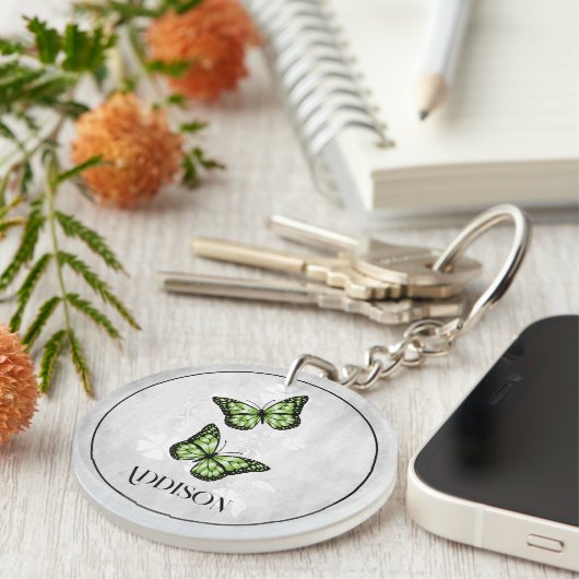 Green Butterfly Floral Personalized Sleutelhanger (Voorkant Rechts)