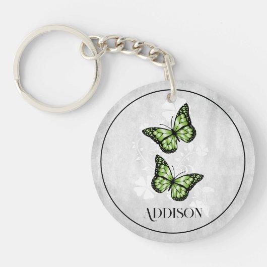 Green Butterfly Floral Personalized Sleutelhanger (Voorkant)