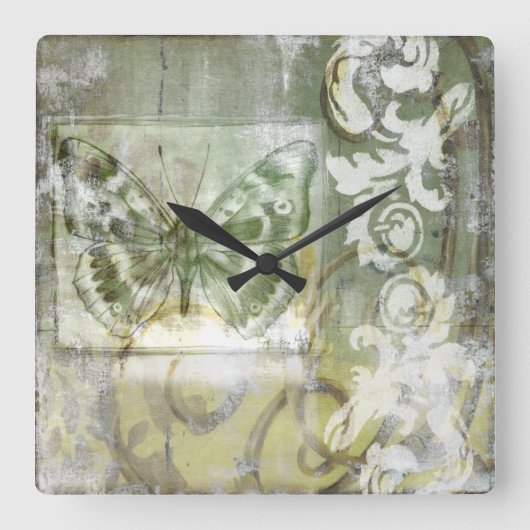 Green Butterfly Inset with Ironwork Gate Vierkante Klok (Voorkant)