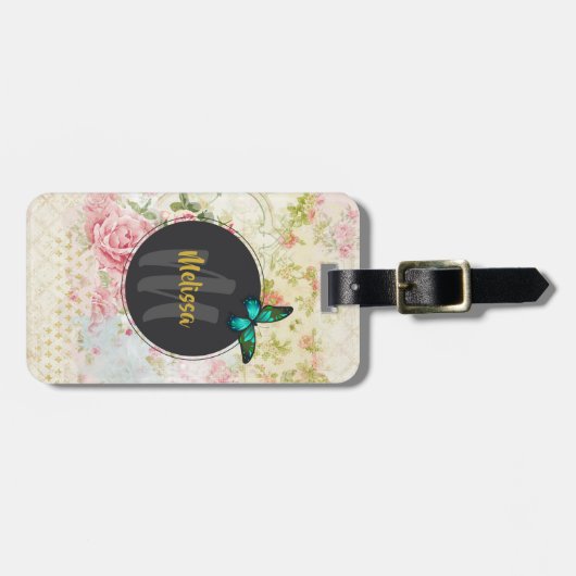 Green Butterfly op Chic  Collage Monogram Bagagelabel (Voorkant horizontaal)