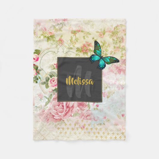 Green Butterfly op Chic Collage Monogram Fleece Deken (Voorkant)